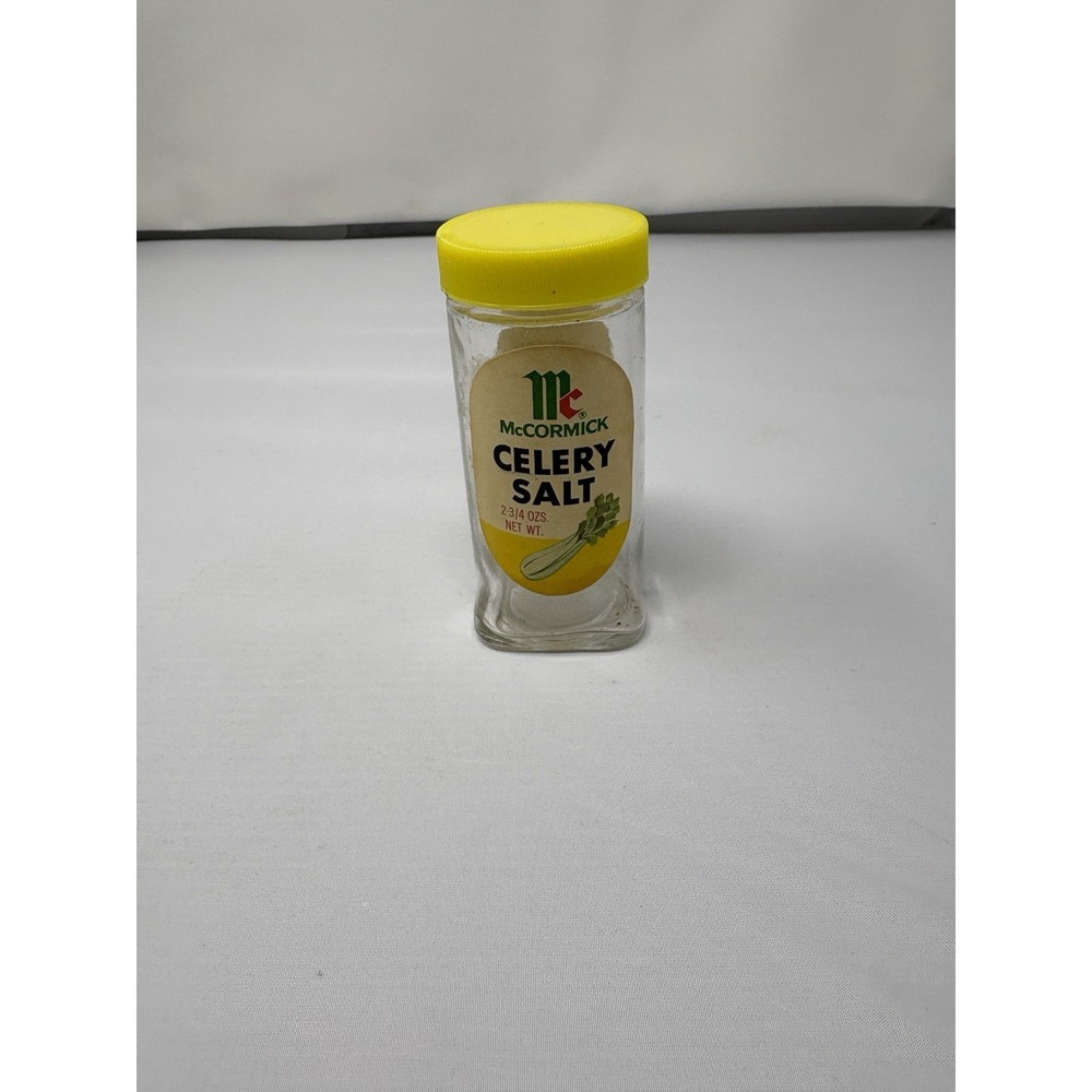 Vintage McCormick Celery Salt Glass Jar Paper Label Yellow Retro Advertising